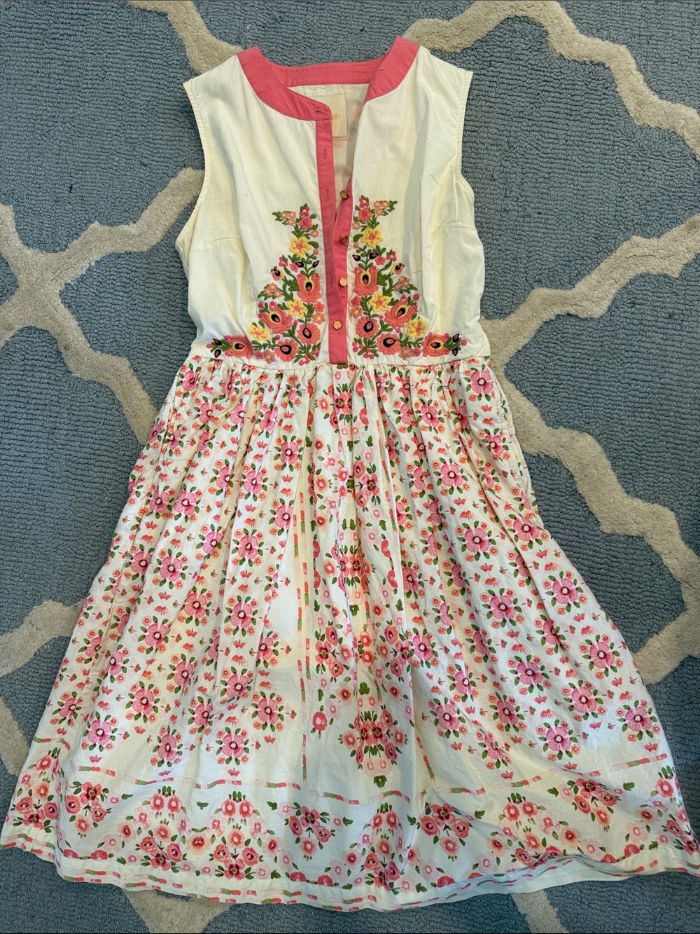 Modcloth White Dress with Pink and Green Floral Embroidery